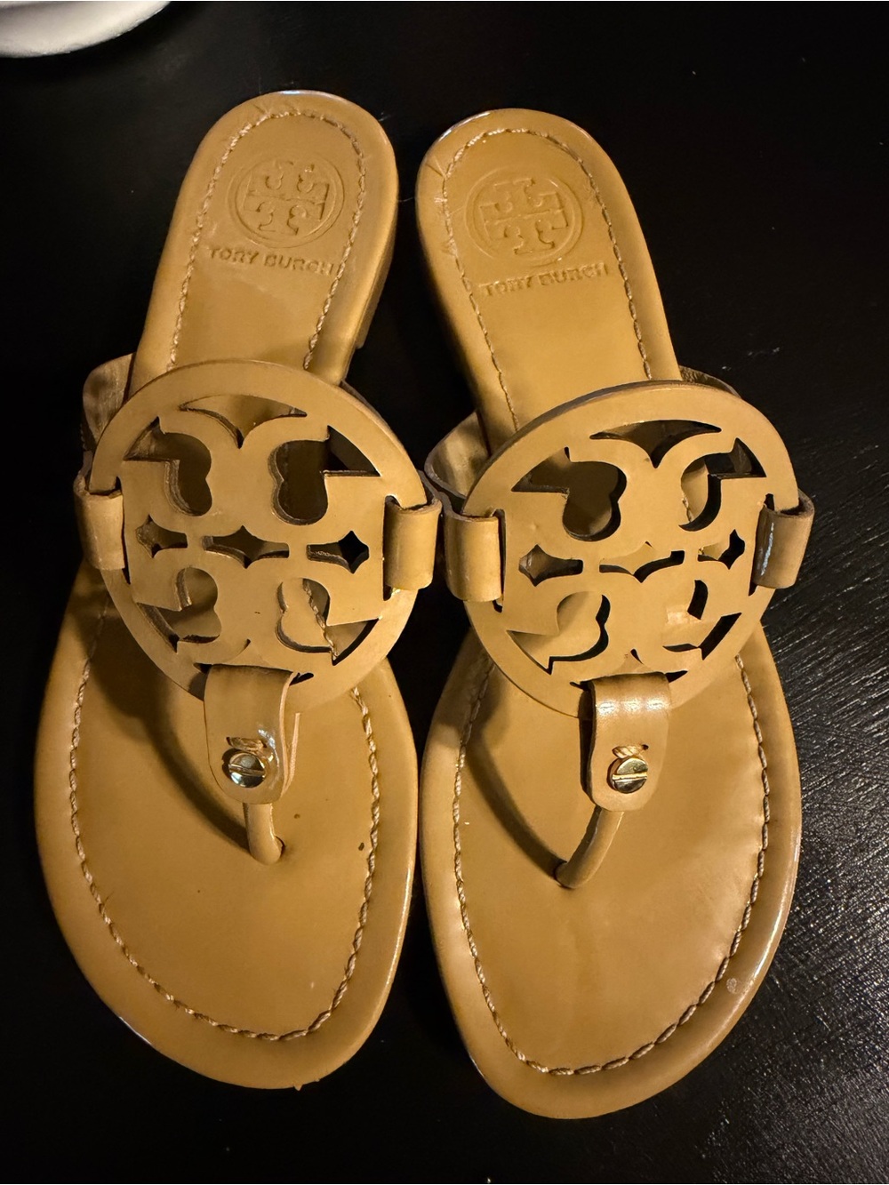 Tory Burch Cognac Leather Miller Logo Thong Sandals